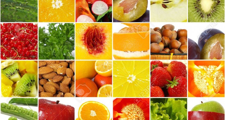 food industry, nutrition, fruits, vegetables, collage