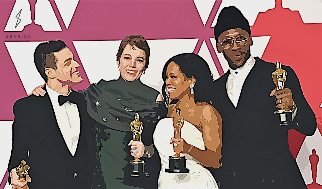 Academy Award winners in the acting categories, including Rami Malek, Olivia Colman, Regina King and Mahershala Ali, pose after receiving their trophies.
