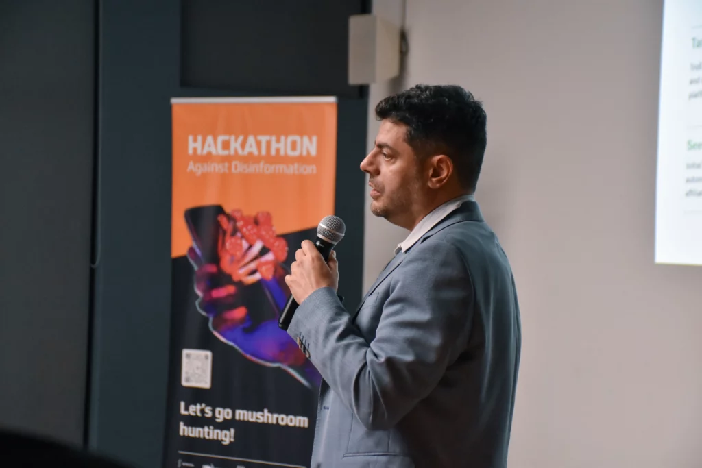 Vassil Velichkov, Sensika's CTO and Co-founder during his lecture at the hackathon against disinformation.