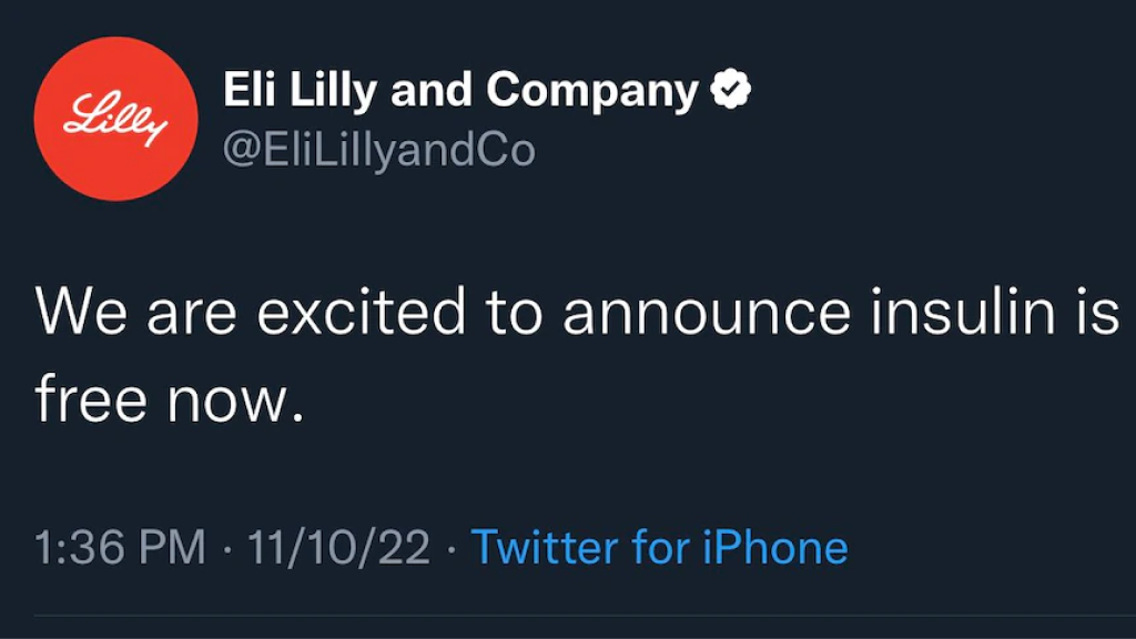 A screenshot of the fake Eli Lilly Twitter account that caused major distrss fro the company