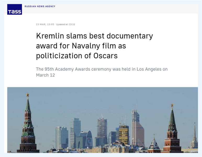 TASS publishing propaganda content against the movie "Navalny" and its Oscar award 