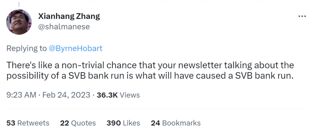 Tweet mentioning the words SVB bank run
