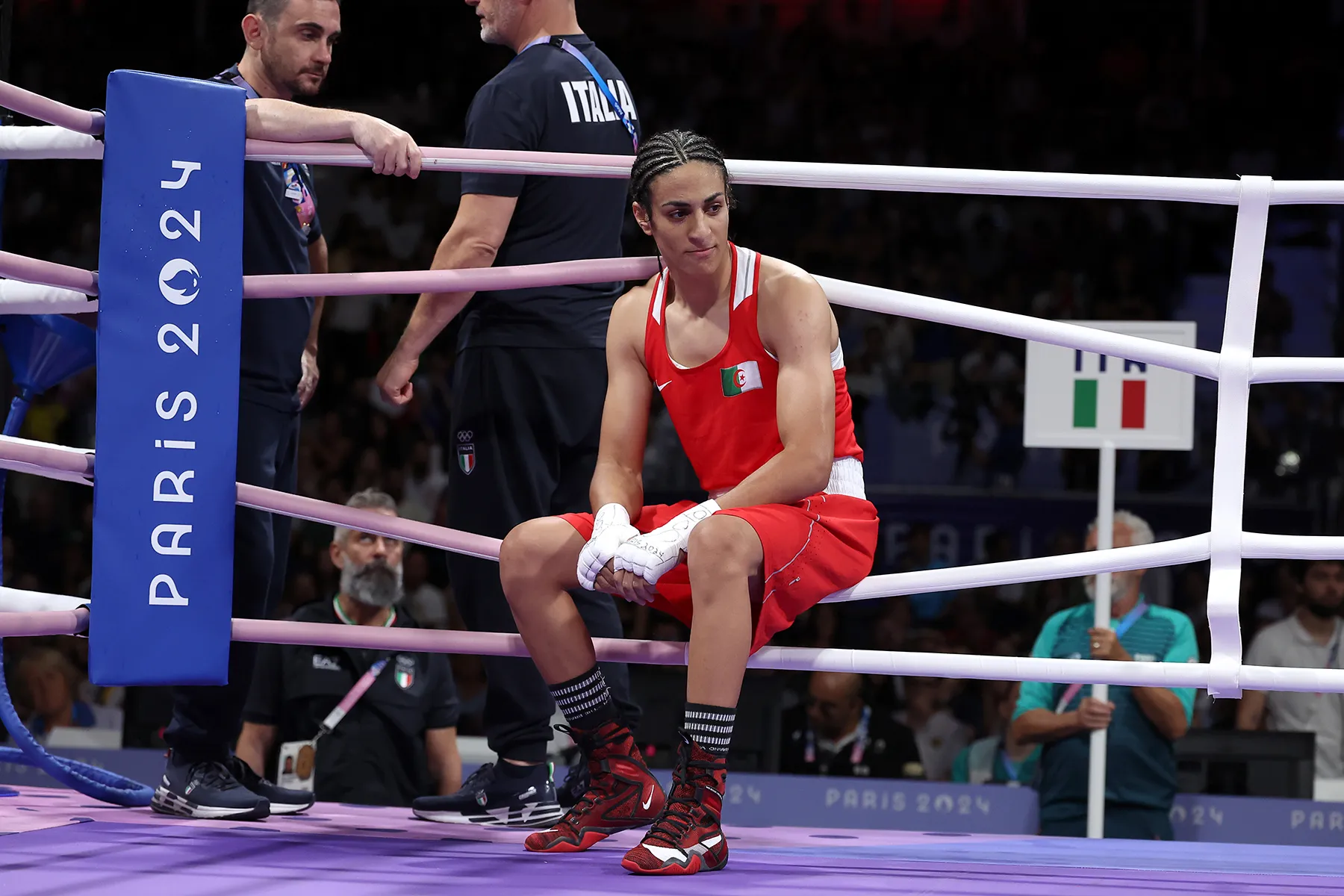 Algerian boxer Imane Khelif during the Paris 2024 Olympics, central to a global media controversy.